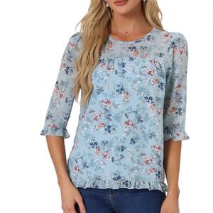 Women's Top 3/4 Sleeves Ruffle Hem Floral Chiffon Shirt Blouse Blue White Medium
